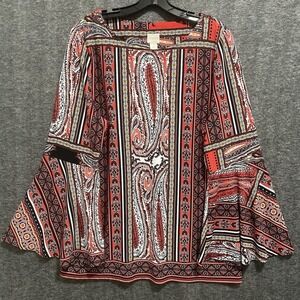 Chicos Top Womens 3 XL Red Paisley Floral Bell Sleeve Boho Stretchy Tunic Casual
